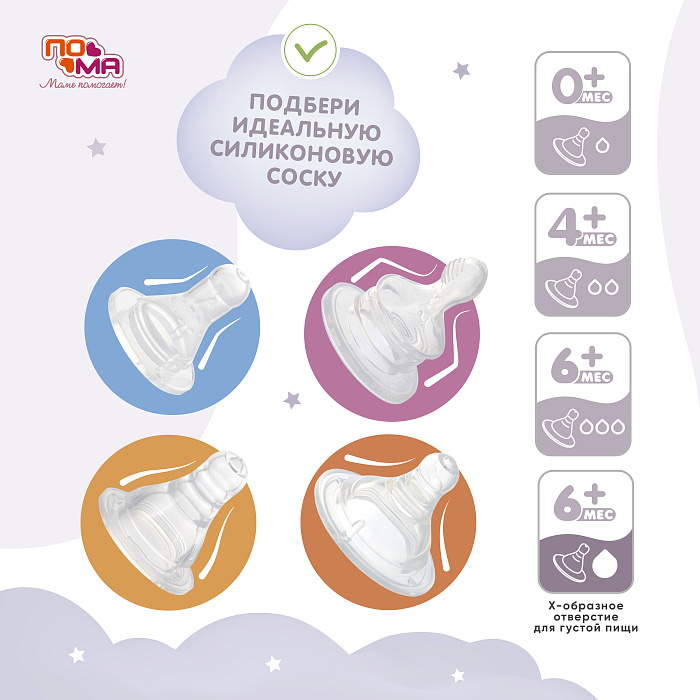 ПОМА Соска молочная силиконовая (медленный поток) 0+, арт. 111, 1 шт