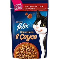 FELIX Sensations в соусе Корм консервированный полнорационный для взрослых кошек , с говядиной в соусе с томатами, 75 гр