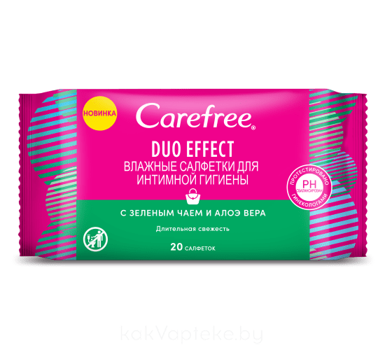 Carefree Duo Effect Влажные салфетки для интимной гигиены с зеленым чаем и алоэ вера 20 шт