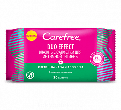 Carefree Duo Effect Влажные салфетки для интимной гигиены с зеленым чаем и алоэ вера 20 шт