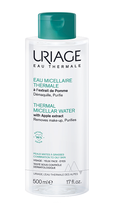 Uriage Очищающая мицеллярная вода на основе термальной воды для комбинированной и жирной кожи лица и контура глаз, 500 мл