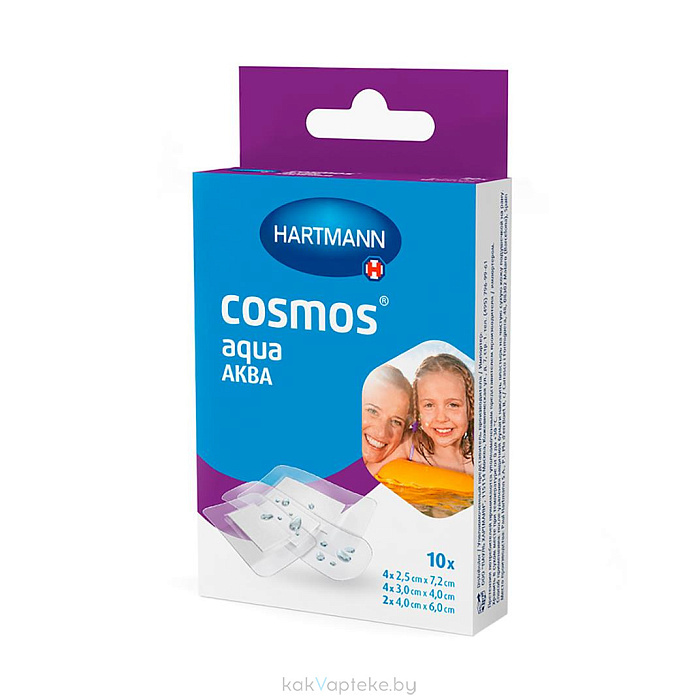 Пластырь Cosmos® aqua (АКВА) нестерильный, 10 шт./уп.: размеры 2,5 см х 7,2 см (4 шт.), 3 см х 4 см (4 шт.) и 4 см х 6 см (2 шт.)
