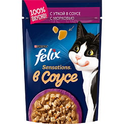 FELIX Sensations в соусе Корм консервированный полнорационный для взрослых кошек , с уткой  в соусе с морковью,75 гр