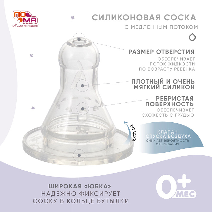ПОМА Соска молочная силиконовая (медленный поток) 0+, арт. 111, 1 шт