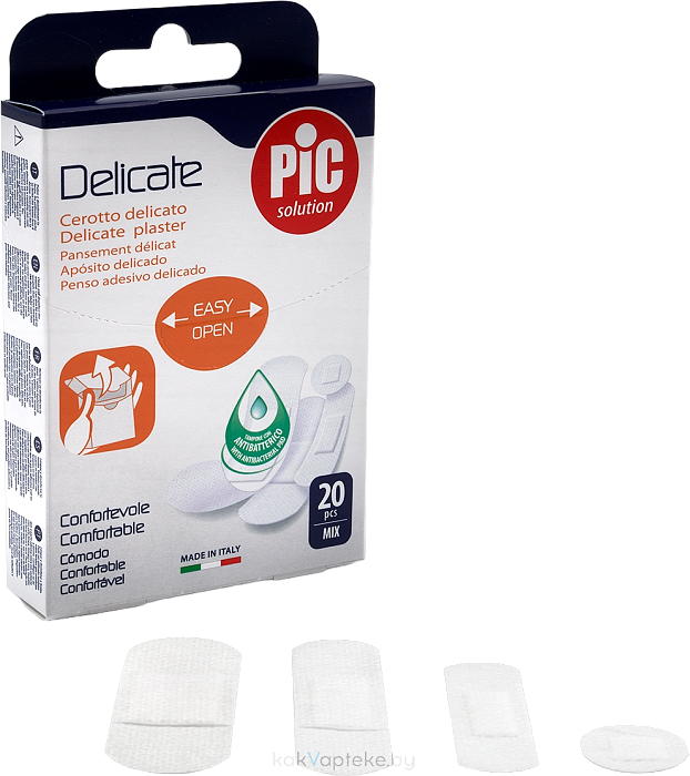 Пластырь Delicate с антибактериальной подушечкой  для чувствительной кожи, набор, размеры мм: 19x72; 25х72; 16х57; диам. 22,5; № 20