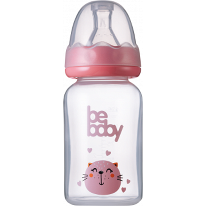 Bebaby Бутылочка для кормления пластиковая, антиколиковая, стандартное горлышко, в комплекте силиконовая соска с антиколиковым клапаном, круглая, мини поток, 0 мес+ (голубой, розовый,зеленый, арт.R-06B/125, 125 мл
