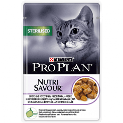Pro Plan Nutrisavour Корм консервированный полнорационный для взрослых стерилизованных кошек и кастрированных котов,вкусные кусочки с индейкой, в желе, 85г