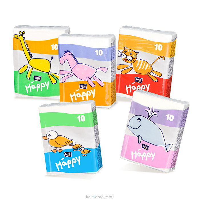 Bella Baby Happy Платочки бумажные гигиенические носовые трехслойные 10шт. (мини, звери)