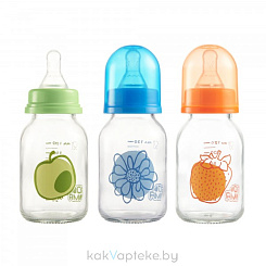 ПОМА Бутылочка стеклянная с силиконовой молочной соской (медленный поток) 0+, арт. 210, 120 мл, 1 шт