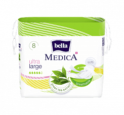 Bella Medica Ультратонкие женские гигиенические впитывающие прокладки с экстрактом зеленого чая (green tea extract): размер Ultra Large 8шт