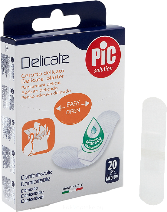 Пластырь Delicate с антибактериальной подушечкой для чувствительной кожи, размеры мм: 19 х 72, № 20