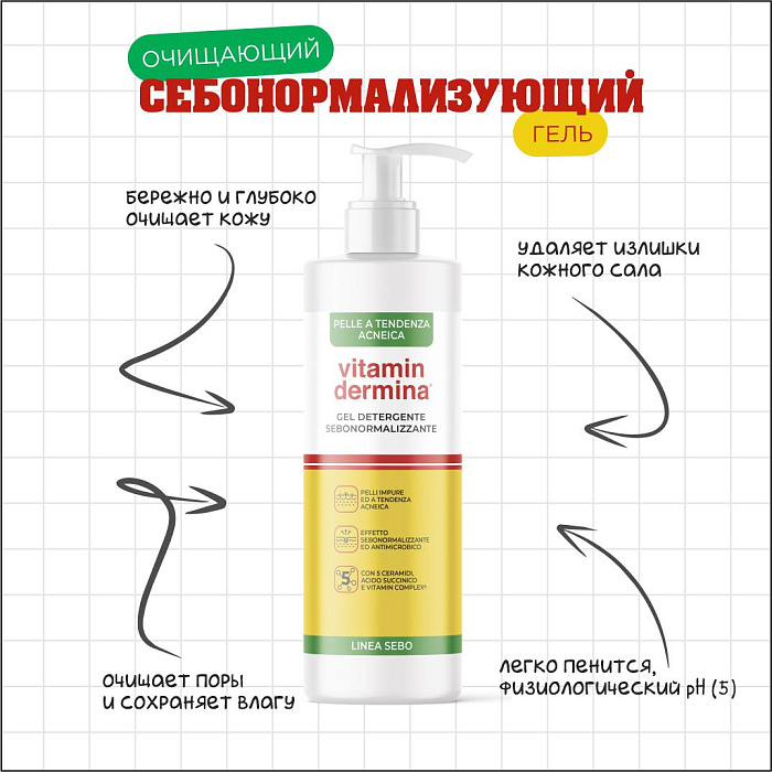 VITAMINDERMINA SEBO Себонормализующий очищающий гель 240 мл