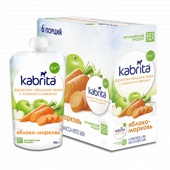 Kabrita Фруктово-овощное пюре с козьими сливками Яблоко-морковь (с 6 месяцев) 100г