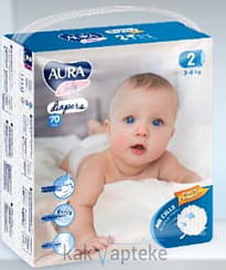 AURA baby Детские одноразовые подгузники ( 2S,3-6 кг), 70 шт