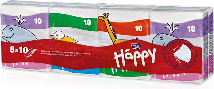 Bella Baby Happy Платочки бумажные гигиенические носовые трехслойные 10шт. (мини, звери)