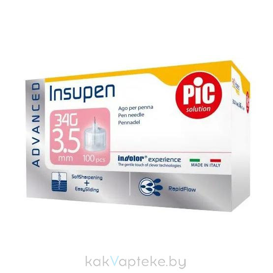 Иглы для шприц-ручки для введения инсулина PIC solution INSUPEN ADVANCED, размеры: G34 (0,18 мм х 3,5 мм) №100