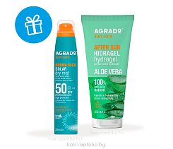 AGRADO Набор косметический: Солнцезащитный сухой мист SPF 50, 200мл + Гидрогель после загара Алоэ Вера, 200мл