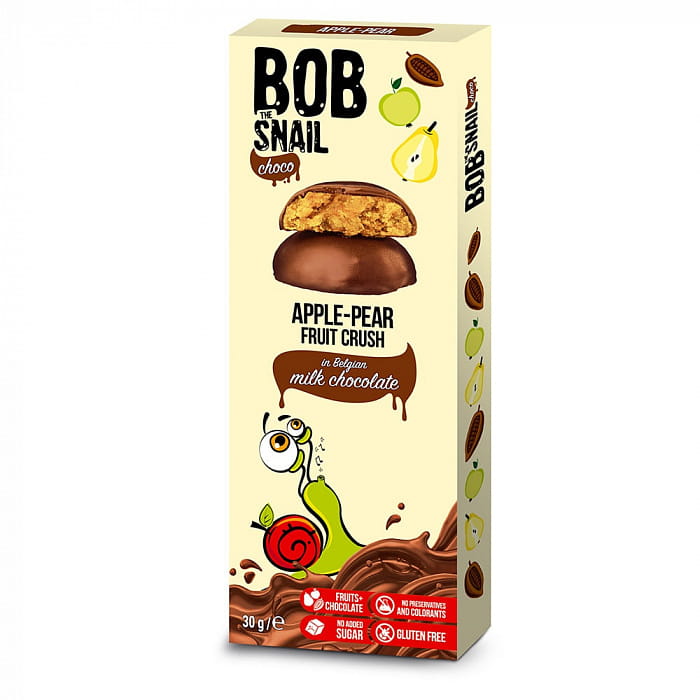 Bob Snail Улитка БОБ Снеки фруктовые "Яблочно-Грушевые" в молочном бельгийском шоколаде 30г