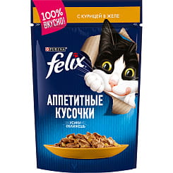 FELIX  Аппетитные кусочки Корм консервированный полнорационный для взрослых кошек, с курицей в желе,75 гр
