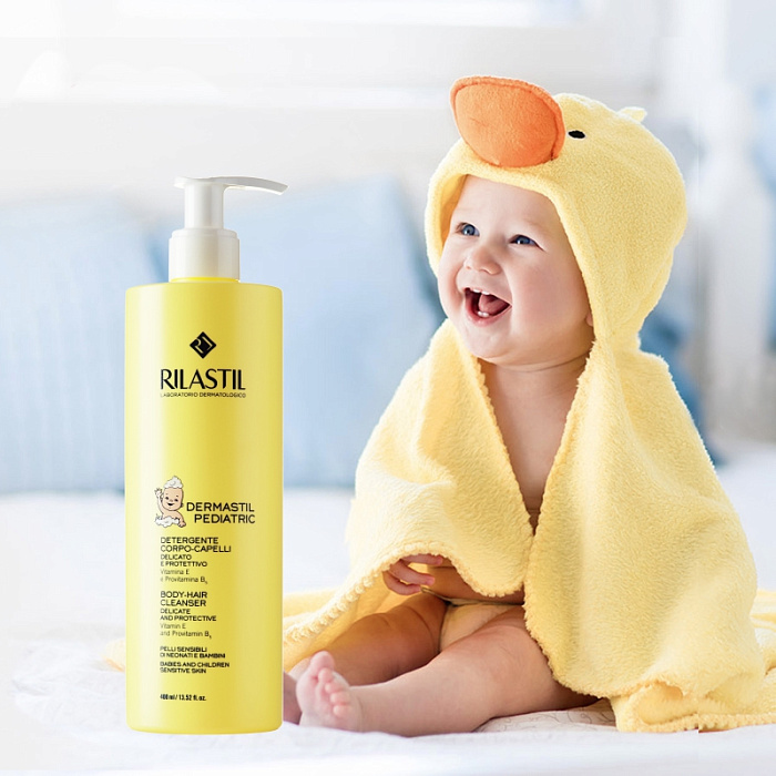 Rilastil DERMASTIL PEDIATRIC Деликатный очищающий защитный шампунь-гель для волос и тела для младенцев и детей, 400 мл