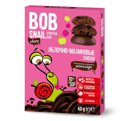 Bob Snail   Улитка БОБФруктово-ягодный снек "Яблочно-малиновый" в тёмном бельгийском шоколаде, 60г