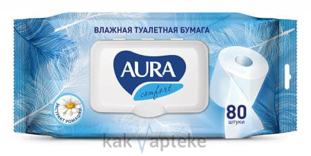 AURA Ultra Comfort Влажная туалетная бумага (ромашка, с крышкой) , 80 шт