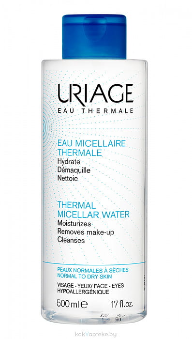 Uriage Очищающая мицеллярная вода на основе термальной воды для нормальной и сухой кожи лица и контура глаз, 500 мл