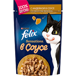 FELIX Sensations в соусе. Корм консервированный полнорационный для взрослых кошек, с индейкой в соусе со вкусом бекона, 75 г
