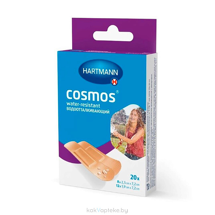 Пластырь Cosmos® water-resistant (ВОДООТТАЛКИВАЮЩИЙ)н/ст 20 шт./уп.: размеры 1,9 см х 7,2 см (12 шт.) и 2,5 см х 7,2 см (8 шт.)