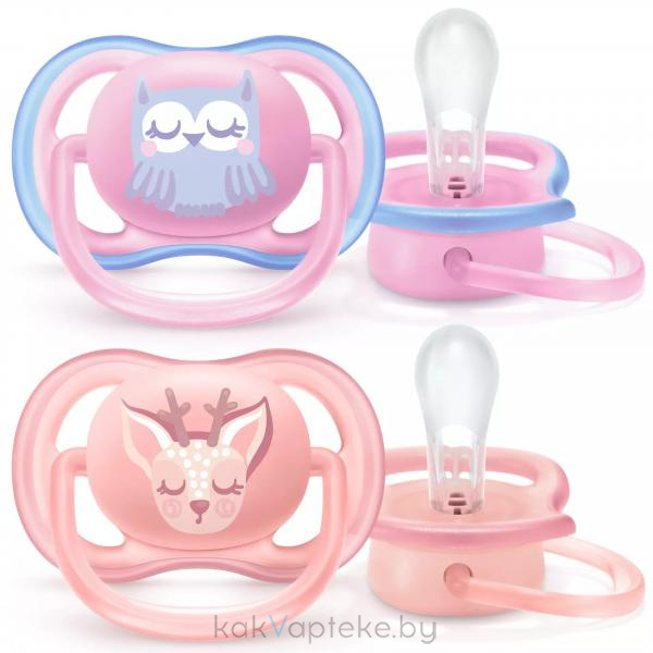 AVENT Соска-пустышка силиконовая ортодонтическая с щитком-нагубником из полипропилена и термопластичного эластомера, кольцом-держателем из полипропилена, футляром из полипропилена (Ultra Air декор Сова/Олень) 0-6 мес. для девочек (уп.2
шт) SCF085/02