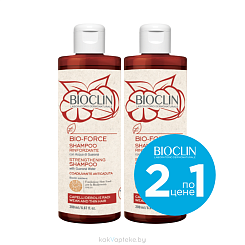 Набор BIOCLIN BIO-FORCE Укрепляющий шампунь для ослабленных и тонких волос (гуарана), 200 мл 1+1 (2 штуки)