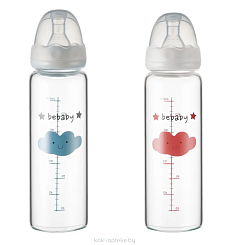 Bebaby Бутылочка стеклянная, антиколиковая, стандартное горлышко, в комплекте силиконовая соска с антиколиковым клапаном, круглая, медленный поток, 3 мес+ (голубой, розовый), арт.R-05B/240, 240 мл