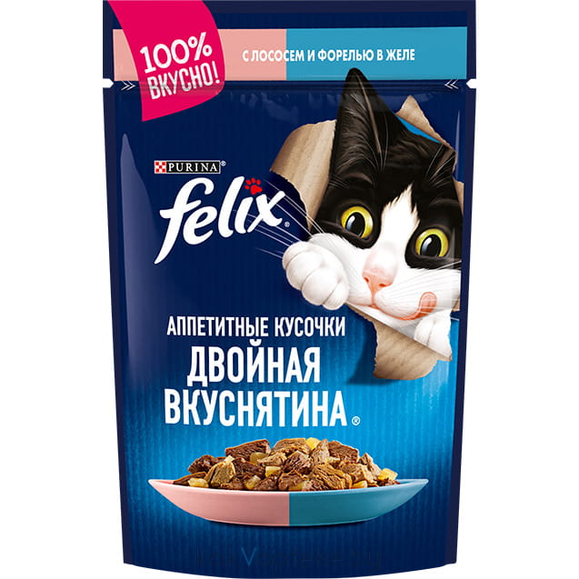 FELIX Аппетитные кусочки Двойная  вкуснятина Корм консервированный полнорационный для взрослых кошек, с лососем и форелью в желе,75 гр