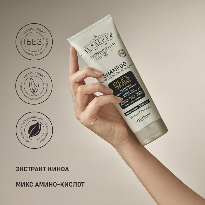 IL SALONE MILANO Plex Rebuilder Реструктурирующий бондинг-шампунь для осветленных, окрашенных и поврежденных волос, 250 мл