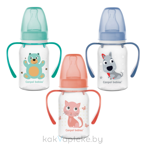 Canpol babies Бутылочка для кормления пластик. (силик.соска) "Cute Animals" 3+, с ручк.,120 мл, арт.11/823