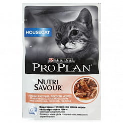 Pro Рlan Nutrisavour Корм консервированный полнорационный для взрослых кошек, живущих дома, с лососем в соусе (пакет), 85 г