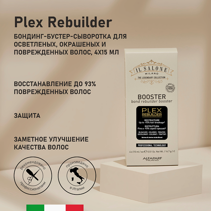 IL SALONE MILANO Plex Rebuilder Реструктурирующая бондинг-бустер-сыворотка для осветленных, окрашенных и поврежденных волос, 4x15 мл