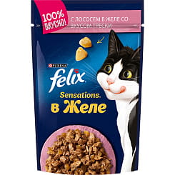 FELIX Sensations в желе Корм консервированный полнорационный для взрослых кошек, с лососем в желе со вкусом трески, 75 гр