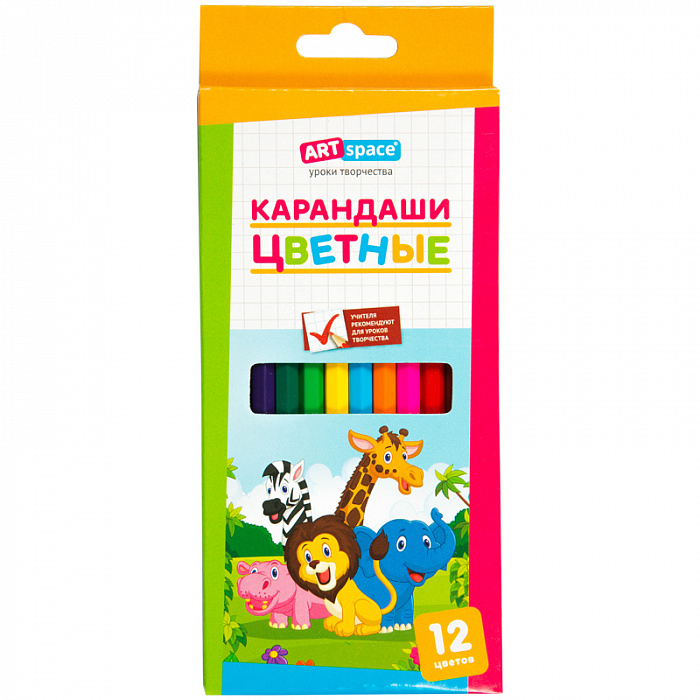 ArtSpace Карандаши цветные 12 шт "Зверята" (карт.уп., европодвес)