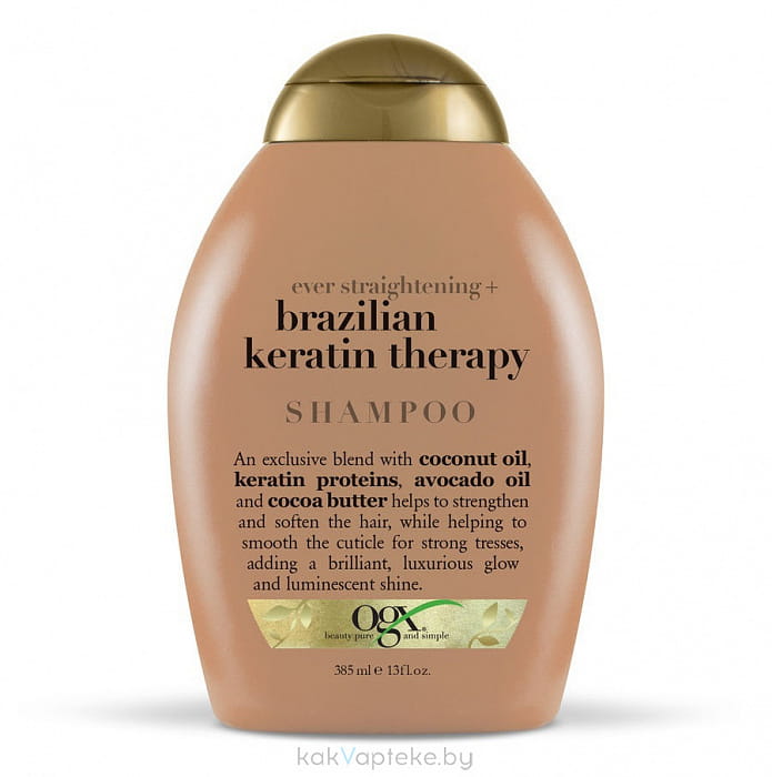OGX Разглаживающий шампунь для укрепления волос "Бразильский кератин", 385 мл
