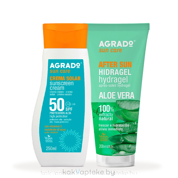 AGRADO Набор косметический: Солнцезащитный крем SPF50, 250мл + Гидрогель после загара Алоэ Вера, 200мл