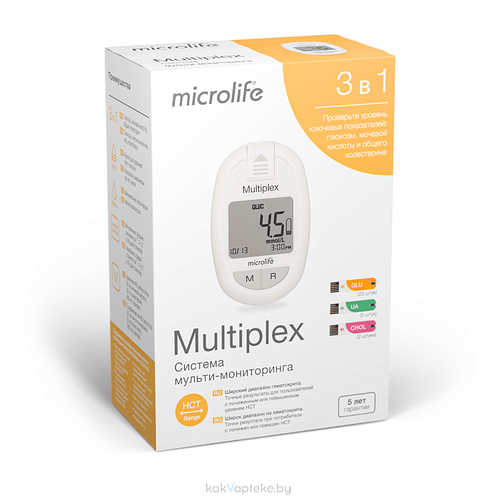 Система мульти-мониторинга Microlife Multiplex BGM700
 .Комплектация: Система, ланцетное устройство, 25 тест-полосок на глюкозу, 5 тест-полосок на мочевую кислоту, 2 тест-полоски на общий холестерин, 25 ланцетов