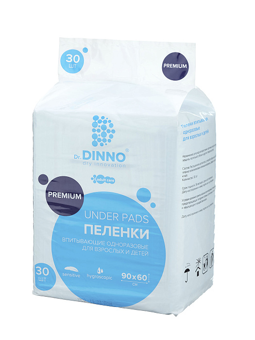 Dr.DINNO Premium Пеленки впитывающие одноразовые для взрослых и детей  60х90 см 30 шт