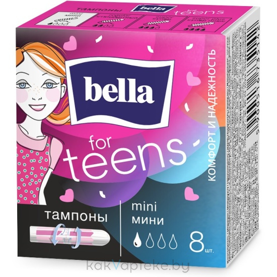 bella for teens Тампоны женские гигиенические "комфорт и надежность" в размере mini/мини (для слабых выделений) по 8 шт