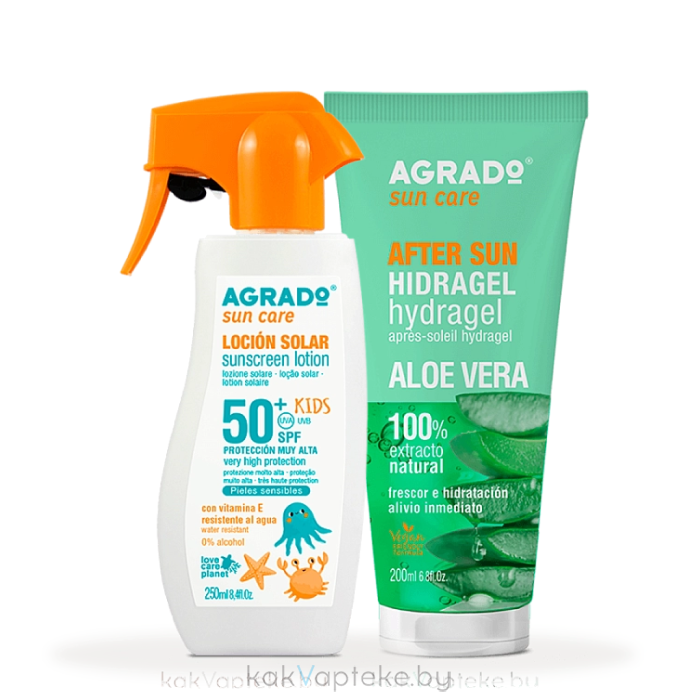 AGRADO Набор косметический: Детский солнцезащитный лосьон SPF50+, 250мл + Гидрогель после загара Алоэ Вера, 200мл