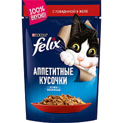 FELIX Аппетитные кусочки Корм консервированный полнорационный для взрослых кошек, с говядиной в желе, 75 гр