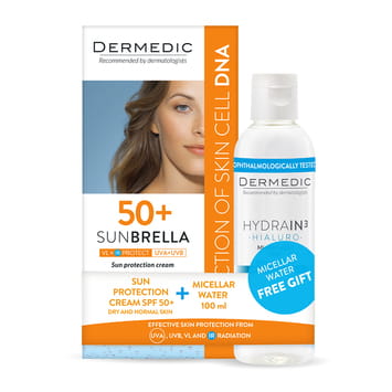 Dermedic SUNBRELLA Крем Солнцезащитный SPF50+ для сухой и нормальной кожи (в составе наноматериал) 50г + подарок HYDRAIN3 HIALURO Мицелярная вода Н2О 100мл