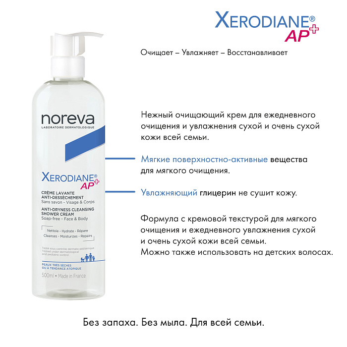 NOREVA КСЕРОДИАН АР+ cмягчающий очищающий крем для душа, 500 мл