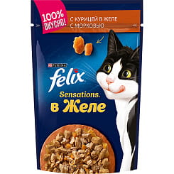FELIX Sensations в желе Корм консервированный полнорационный для взрослых кошек, с курицей в желе с морковью,75 гр